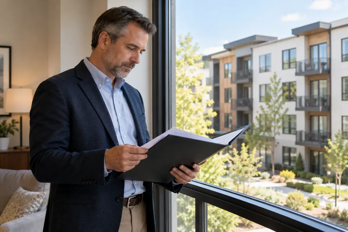 Property owner reviewing documents overlooking apartments; illustrative AI-generated scene.