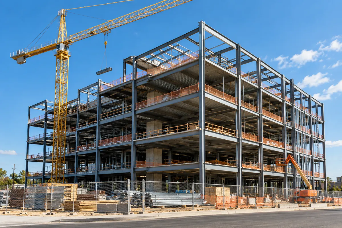 Structural framing at a commercial construction site; illustrative AI-generated scene.